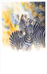 First Light - Zebras - Watercolour First Light - watercolour painting of a Zebra with her foal by artist Coleen Williams